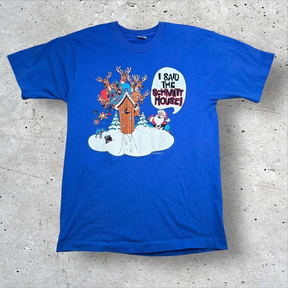 Vintage I Said Schmitt House Santa Reindeer Outhouse T Shirt Blue L